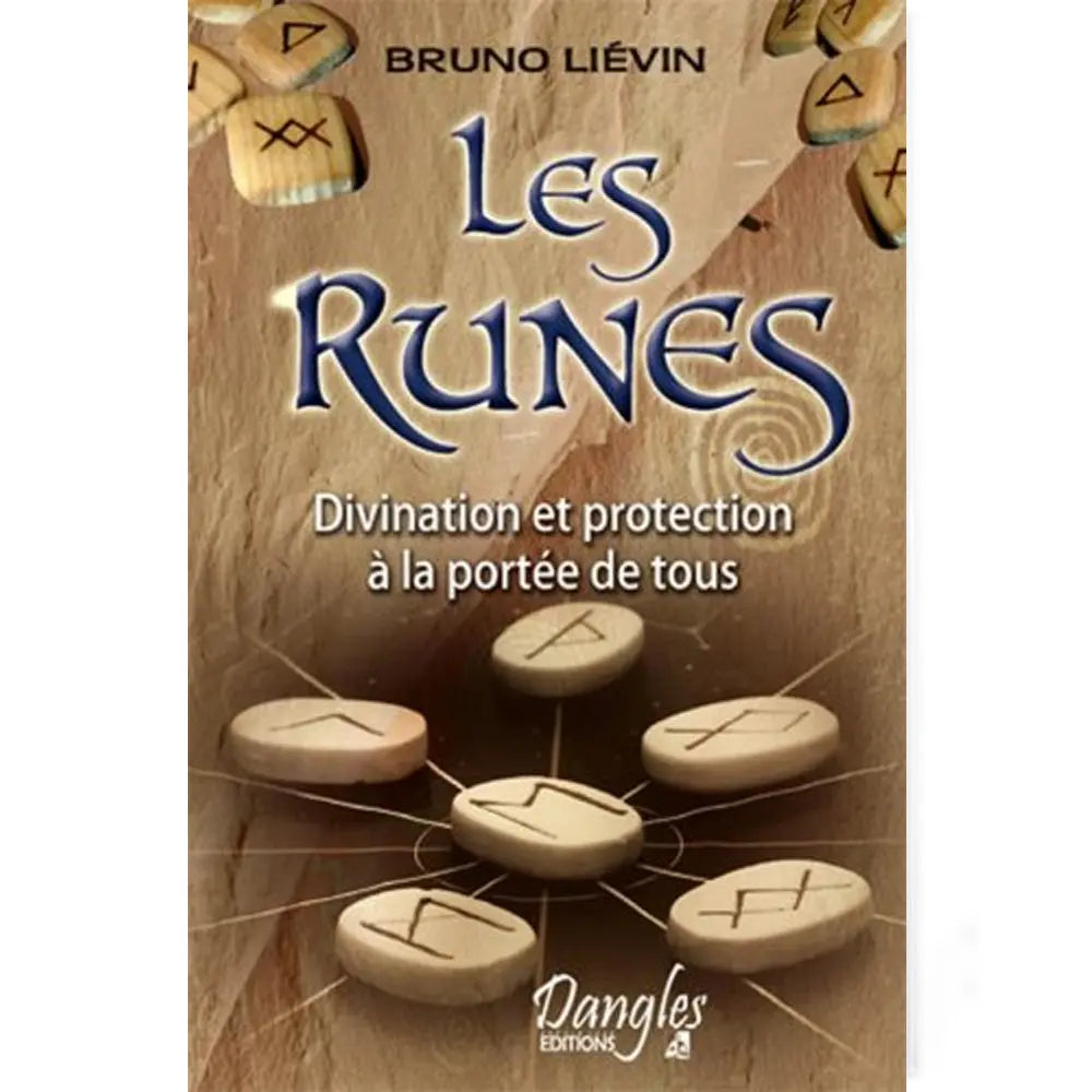 Livre Les Runes de Bruno Liévin, couverture beige avec titre bleu et runes en bois disposées en cercle au centre.