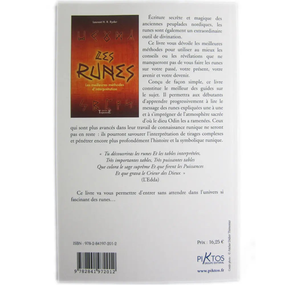 Dos du livre Les Runes de Laurent H. R. Ryder, fond gris, résumé au dos, vignette de la couverture et code-barres.