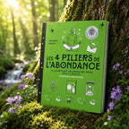 Livre Les 4 Piliers de l'Abondance sur mousse sacrée au pied d'un arbre, entouré de fleurs violettes sous des rayons de soleil magiques.