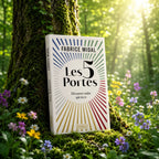 Livre Les 5 Portes sur mousse sacrée au pied d'un arbre, entouré de fleurs violettes sous des rayons de soleil magiques.