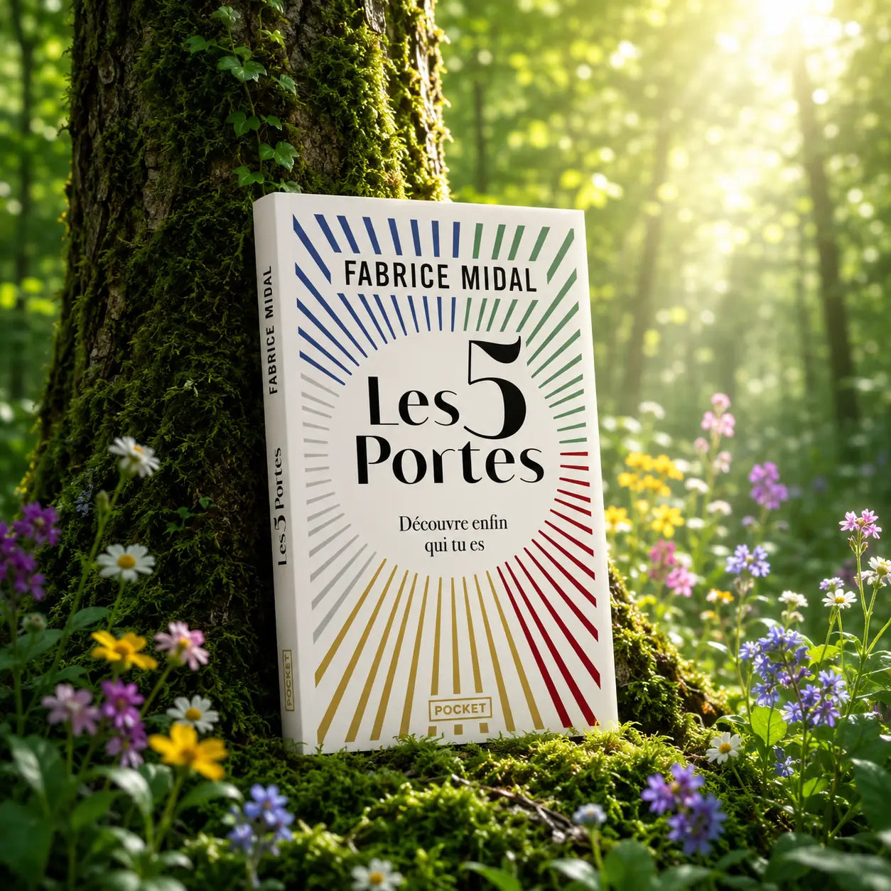 Livre Les 5 Portes sur mousse sacrée au pied d'un arbre, entouré de fleurs violettes sous des rayons de soleil magiques.