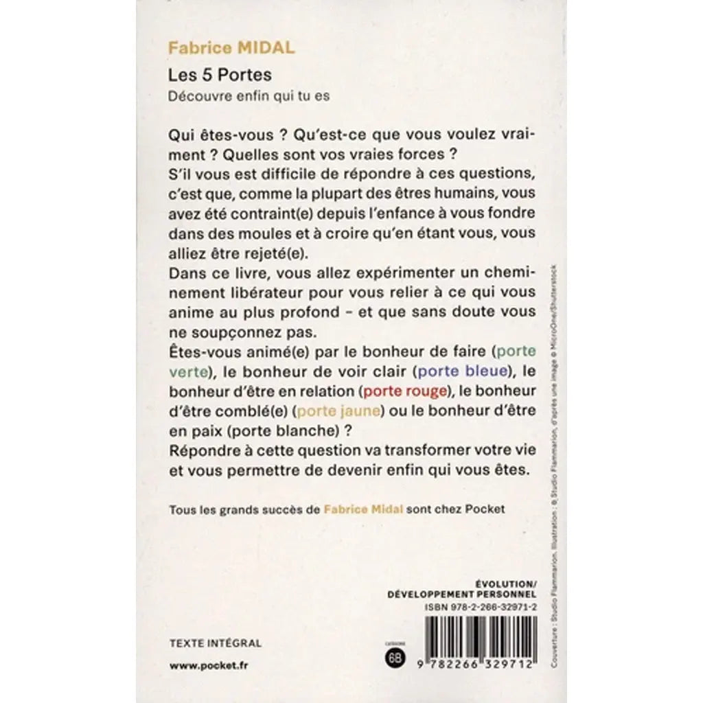 Les 5 Portes de Fabrice Midal, illustré par sa quatrième de couverture présentant un résumé des cinq types de bonheur (porte verte, bleue, rouge, jaune, blanche) sur fond blanc.