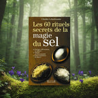 Livre Les 60 Rituels Secrets de la Magie du sel de Charles Lebonhaume posé sur une souche, illustré de cuillères contenant du sel blanc, gris et jaune.
