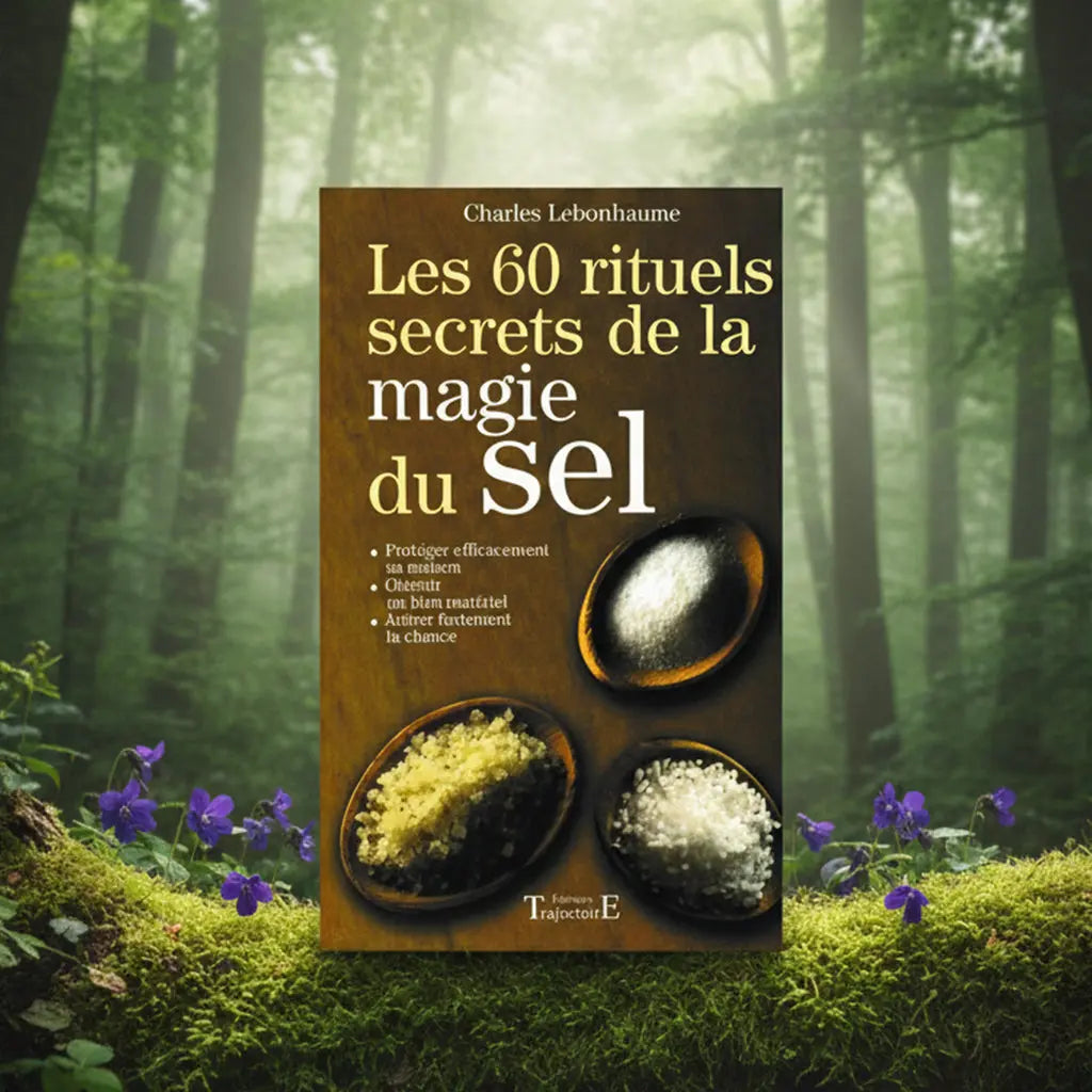 Livre Les 60 Rituels Secrets de la Magie du sel de Charles Lebonhaume posé sur une souche, illustré de cuillères contenant du sel blanc, gris et jaune.