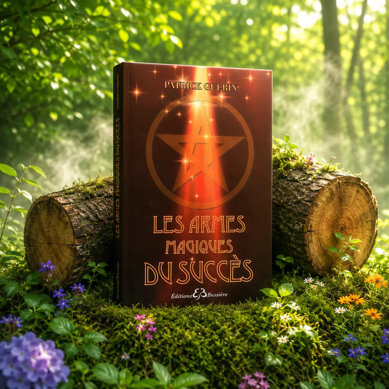 Livre Les Armes Magiques du Succès sur mousse sacrée au pied d'un arbre, entouré de fleurs violettes sous des rayons de soleil magiques.