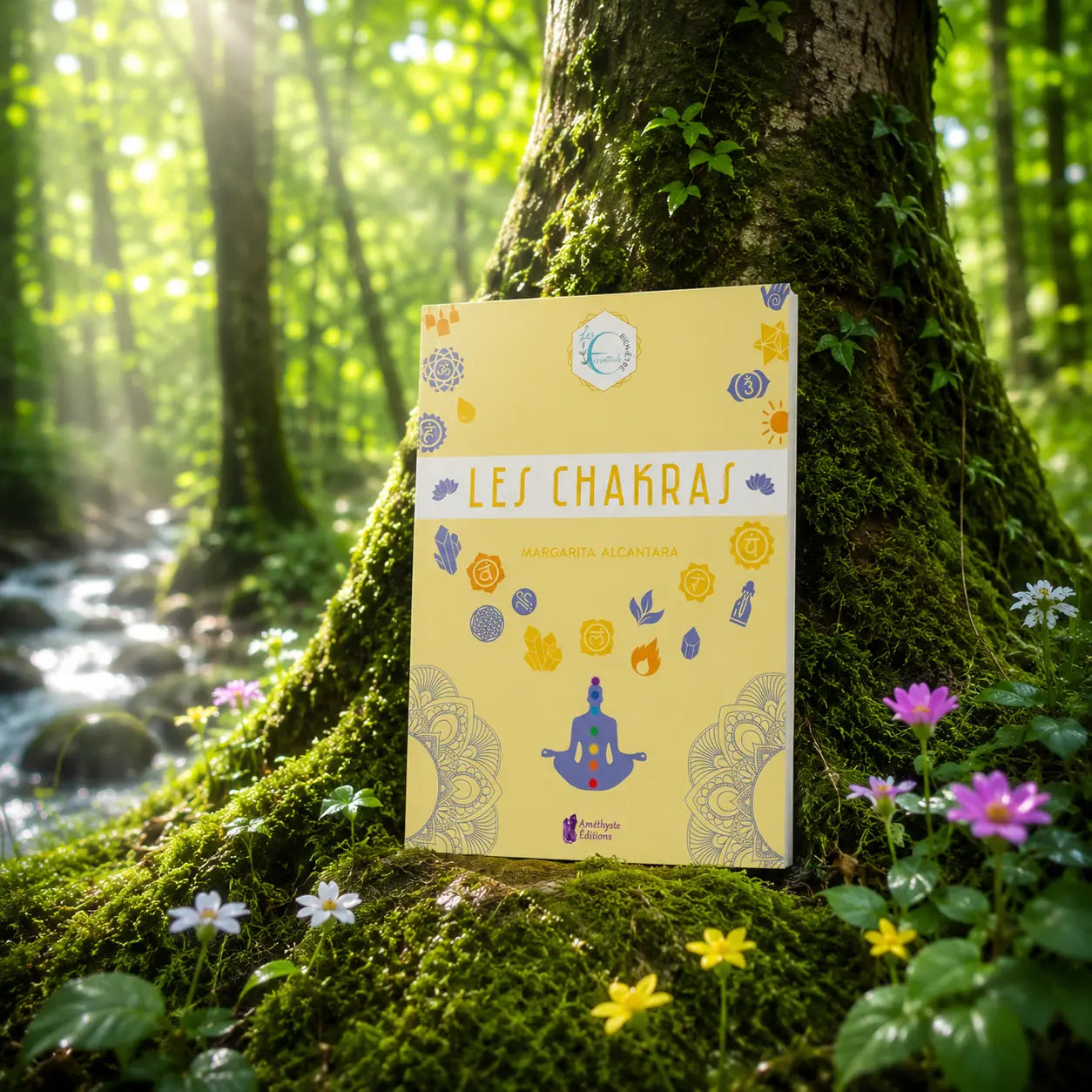 Livre Les Chakras sur mousse sacrée au pied d'un arbre, entouré de fleurs violettes sous des rayons de soleil magiques.