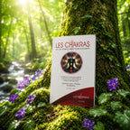 Livre Les chakras et comment s'ouvrir à leur pouvoir sur mousse sacrée au pied d'un arbre, entouré de fleurs violettes sous des rayons de soleil magiques.