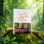 Livre Les Folles Histoires du Sage Nasredin sur mousse sacrée au pied d'un arbre, entouré de fleurs violettes sous des rayons de soleil magiques.