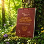Livre Les Objets Chamaniques et leurs Pouvoirs - Muriel Levet sur mousse sacrée au pied d'un arbre, entouré de fleurs violettes sous des rayons de soleil magiques.
