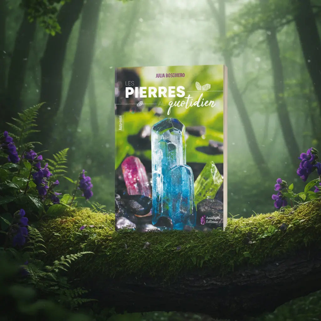 Livre Les Pierres au Quotidien de Julia Boschiero posé sur une branche moussue, illustré d'un grand cristal bleu transparent entouré de pierres brutes rose et verte.