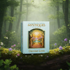 Coffret bleu Les Portes des Mondes Mystiques - Cartes Oracle de Denise Linn posé sur une souche en forêt, illustré d'une porte dorée ouvrant sur un paysage lumineux.