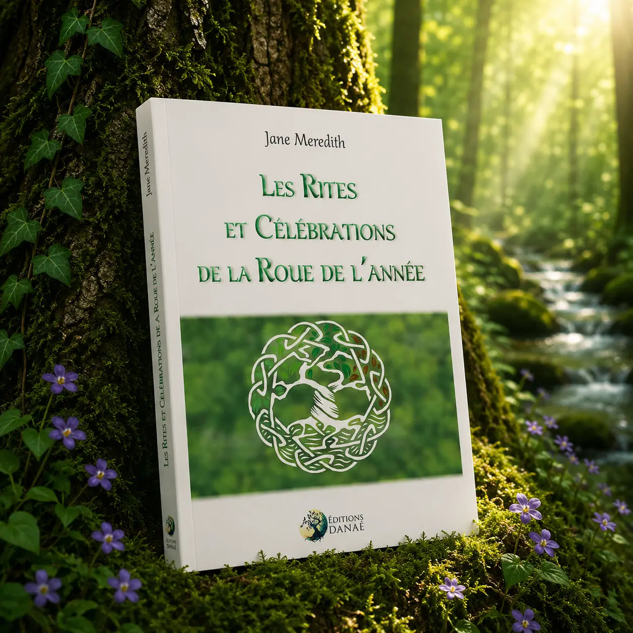 Livre Les Rites et Célébrations de la Roue de l'année - Jane Meredith sur mousse sacrée au pied d'un arbre, entouré de fleurs violettes sous des rayons de soleil magiques.