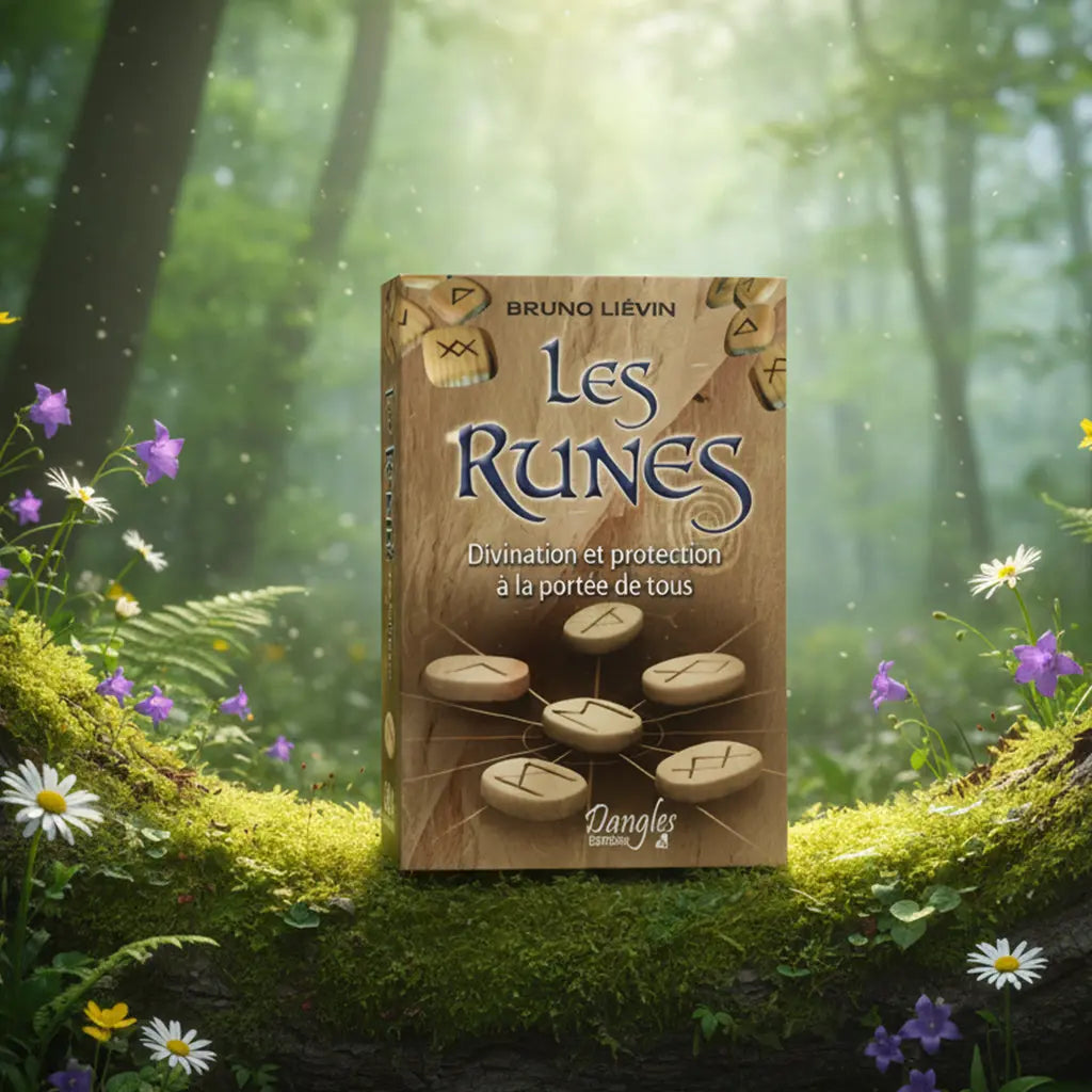 Livre au fond effet bois Les Runes - Divination et protection à la portée de tous posé sur une souche, illustré de pierres runiques disposées en étoile.
