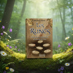 Livre au fond effet bois Les Runes - Divination et protection à la portée de tous posé sur une souche, illustré de pierres runiques disposées en étoile.