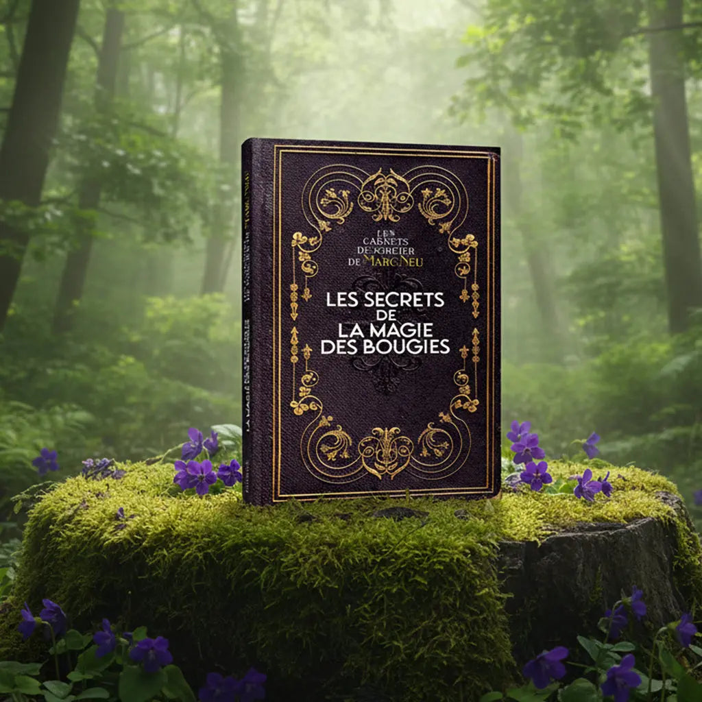 Livre violet et or Les Secrets de la Magie des Bougies de Marc Neu posé sur une souche, orné d'arabesques dorées façon grimoire ancien.