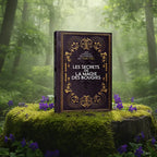 Livre violet et or Les Secrets de la Magie des Bougies de Marc Neu posé sur une souche, orné d'arabesques dorées façon grimoire ancien.