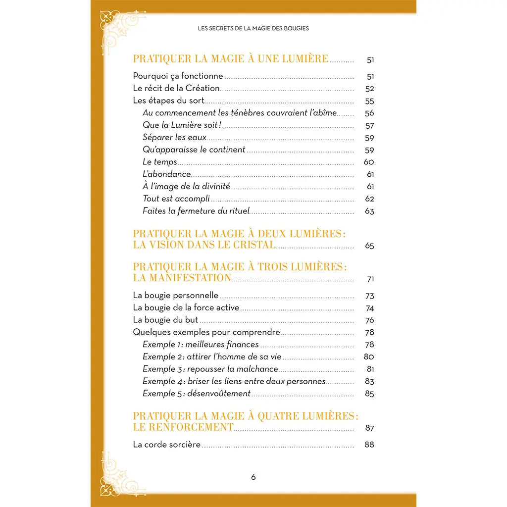Sommaire du livre Les secrets de la magie des bougies présentant les différentes pratiques magiques utilisant de une à quatre lumières.