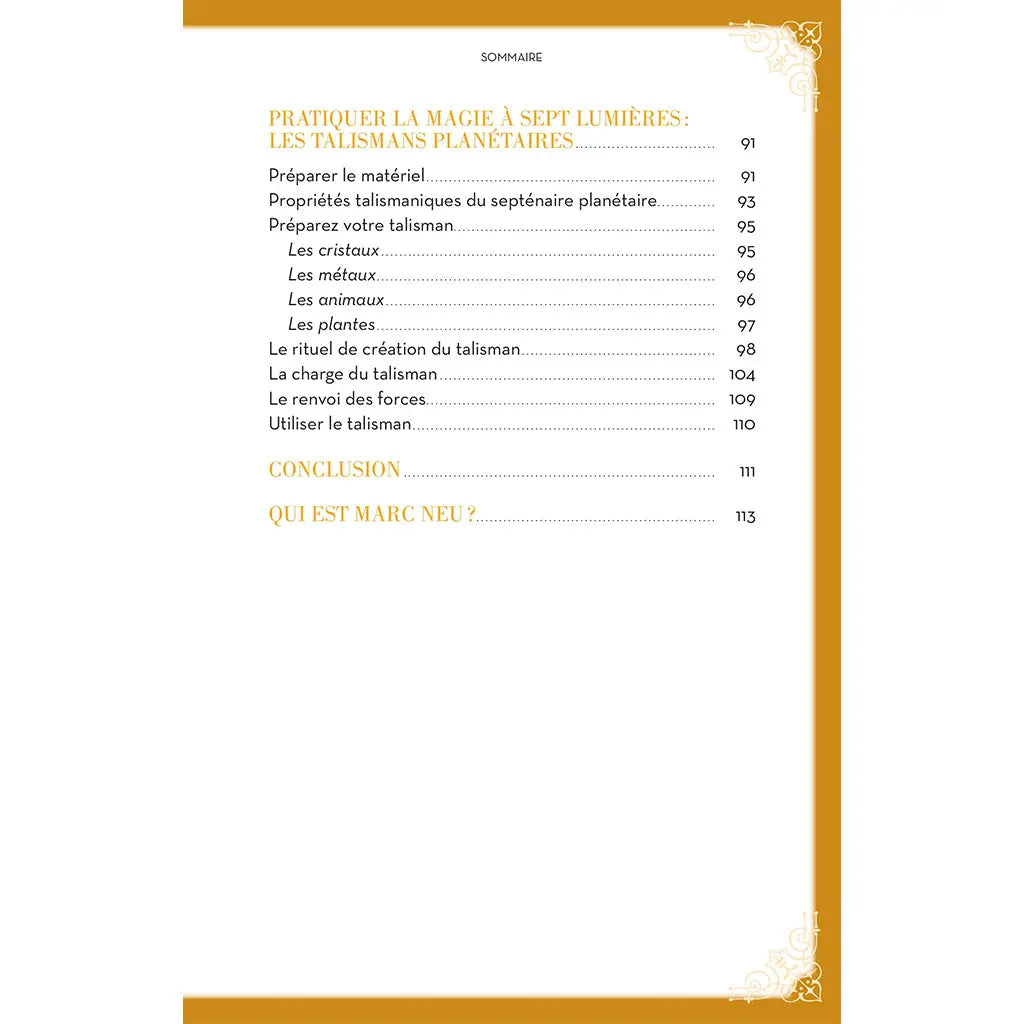 Sommaire du livre Les secrets de la magie des bougies détaillant la fabrication et l'utilisation des talismans planétaires.