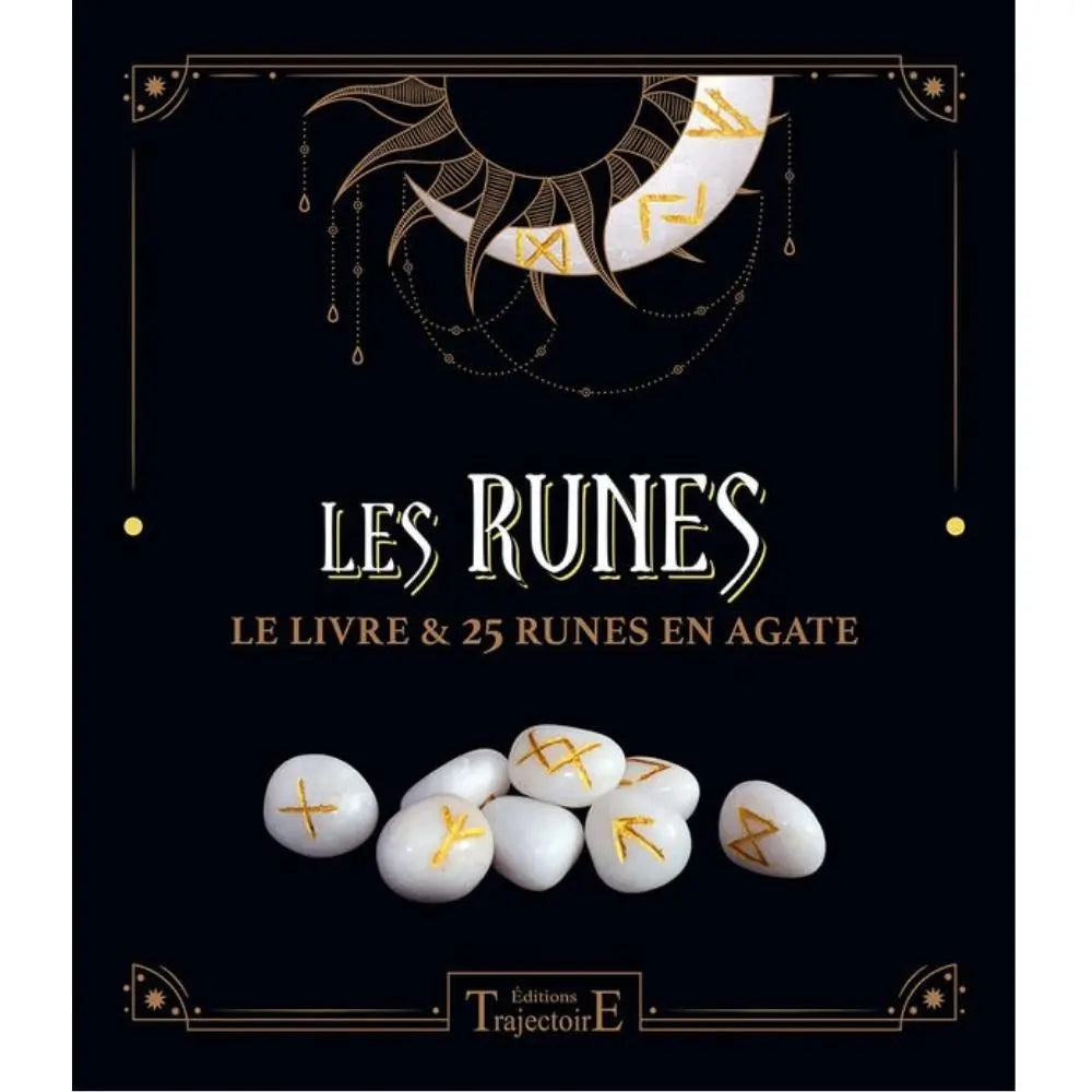 Coffret Les Runes, livre et 25 runes en agate, couverture noire avec lune décorative et pierres blanches gravées en doré.