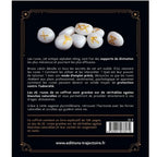 Dos du coffret Les Runes, fond noir avec bordure dorée, photo de runes en agate blanche, texte descriptif et code-barres.