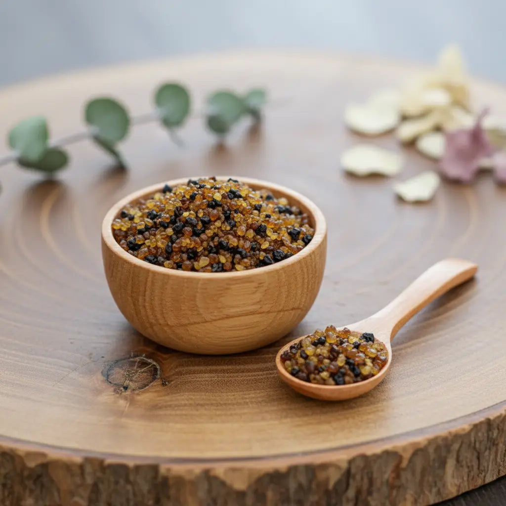 Encens du Liban en grains de résine ambrés et noirs dans une coupelle en bois avec cuillère sur plateau en bois.
