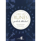 Livre Lire les runes, guide du débutant d’Alexandra Chauran, couverture bleu nuit avec symboles runiques et médaillon central blanc.