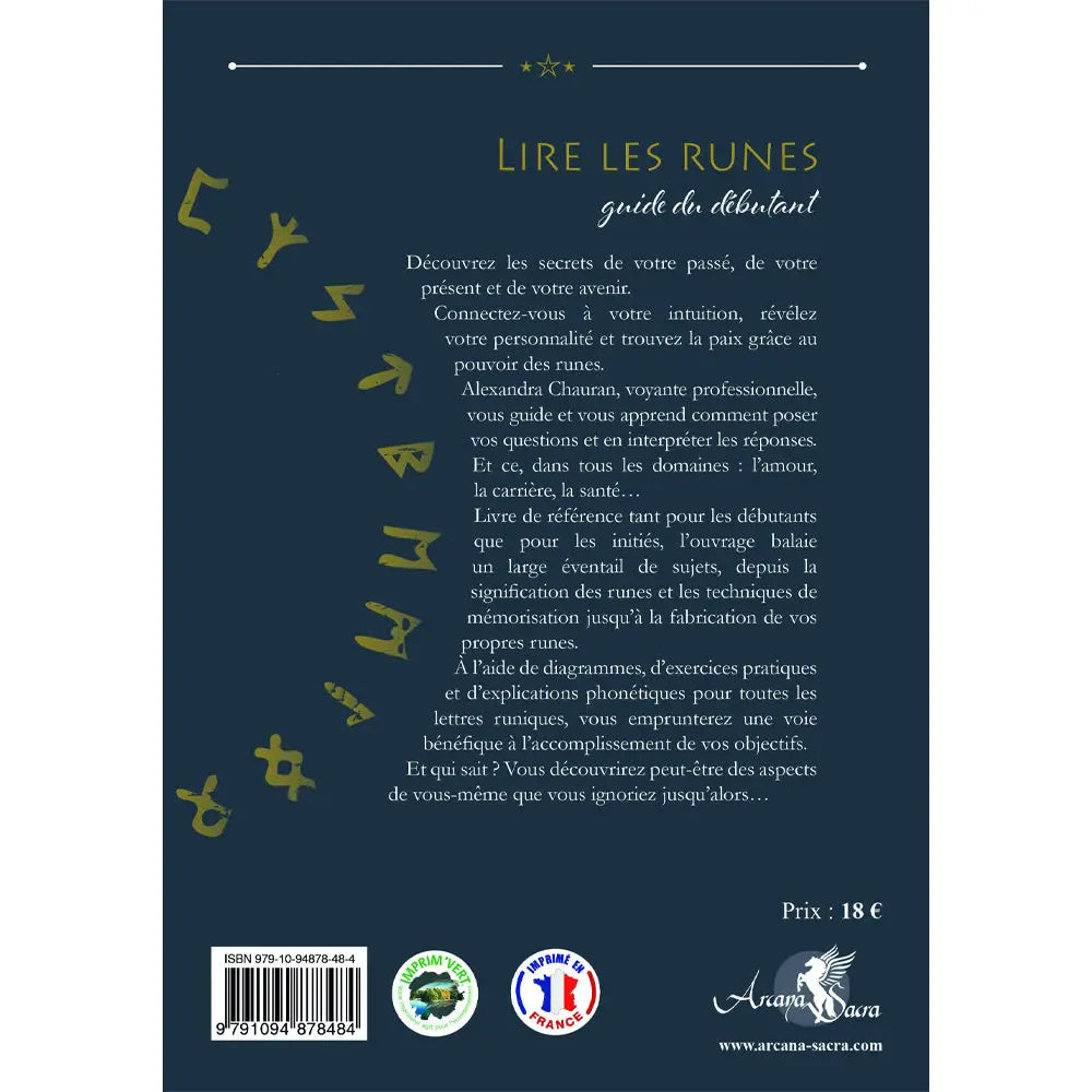 Quatrième de couverture du livre Lire les runes, guide du débutant, fond bleu avec résumé, symboles runiques à gauche et code-barres en bas.