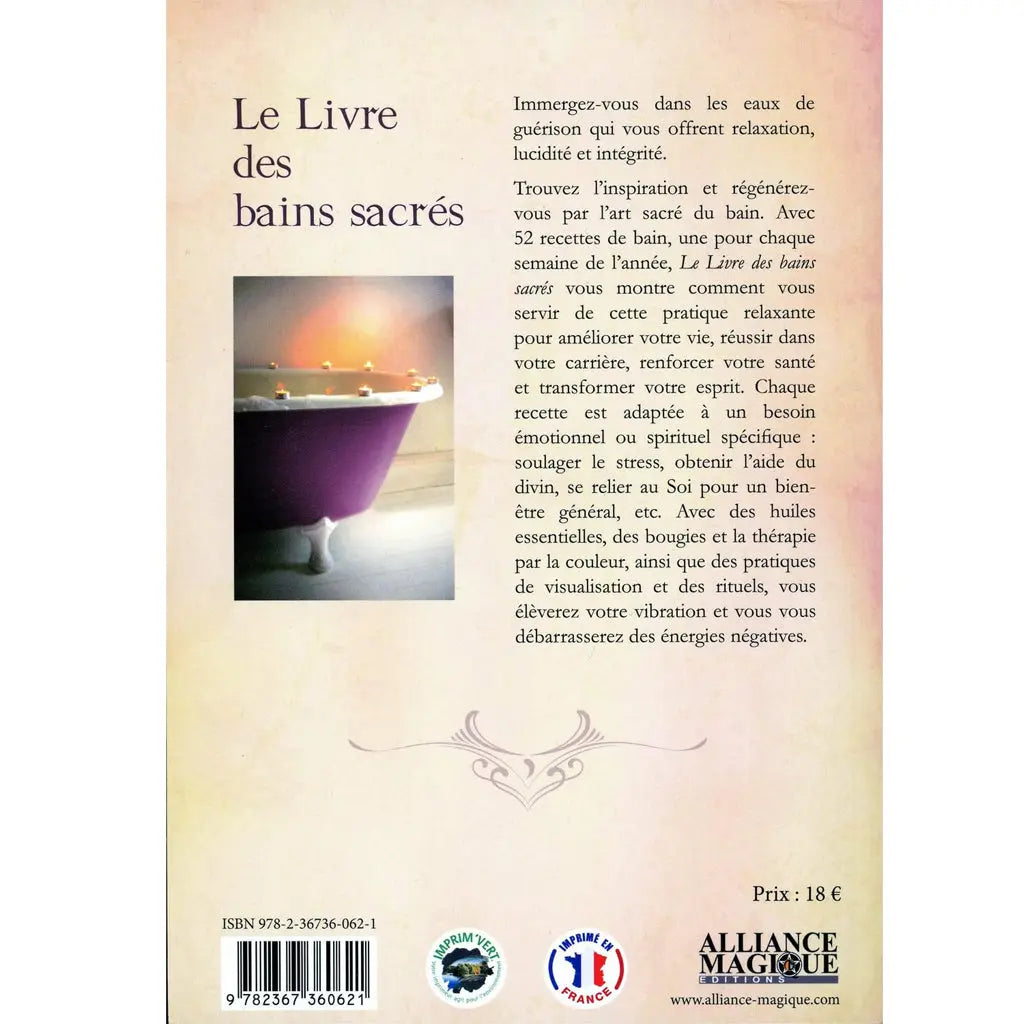 Le Livre des Bains Sacrés illustré par le verso de sa couverture présentant le résumé de l'ouvrage à côté d'une petite photo de baignoire mauve sur fond beige clair.