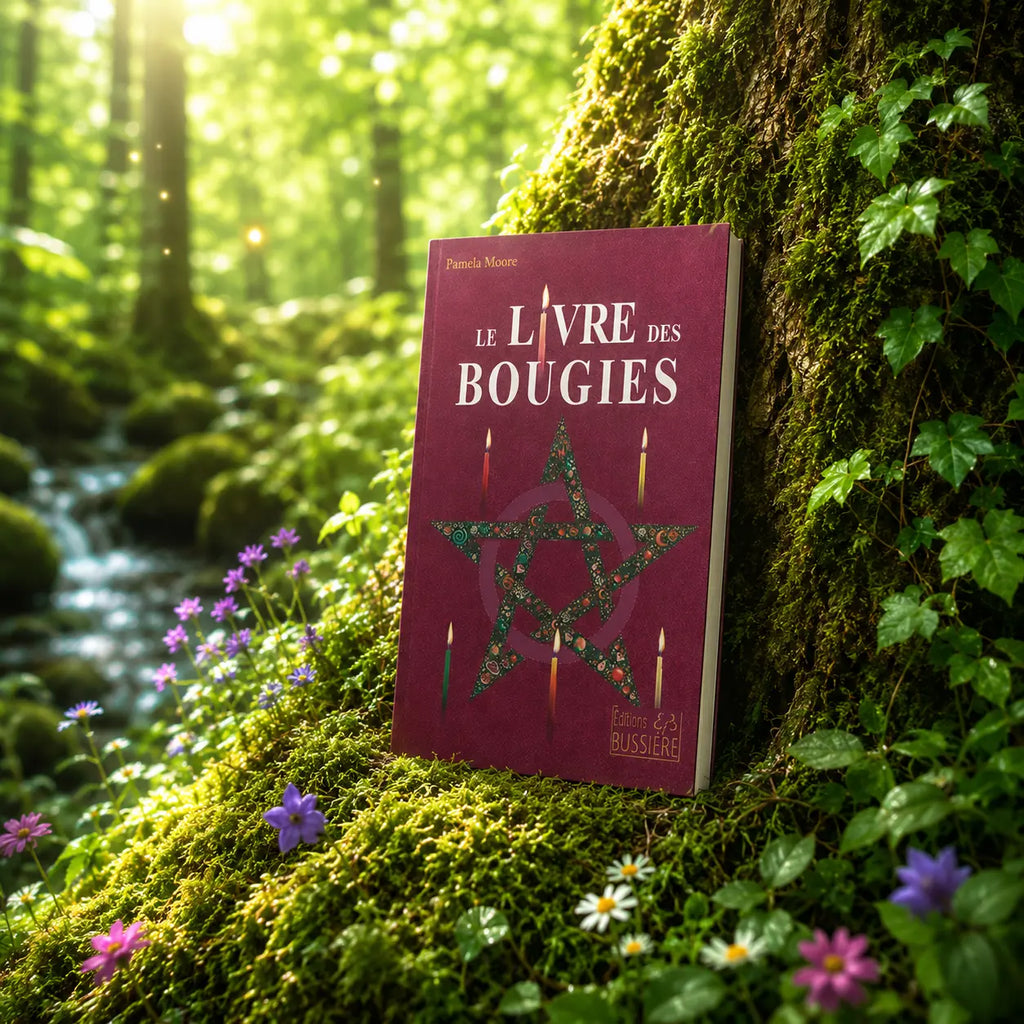Livre Le Livre des Bougies sur mousse sacrée au pied d'un arbre, entouré de fleurs violettes sous des rayons de soleil magiques.