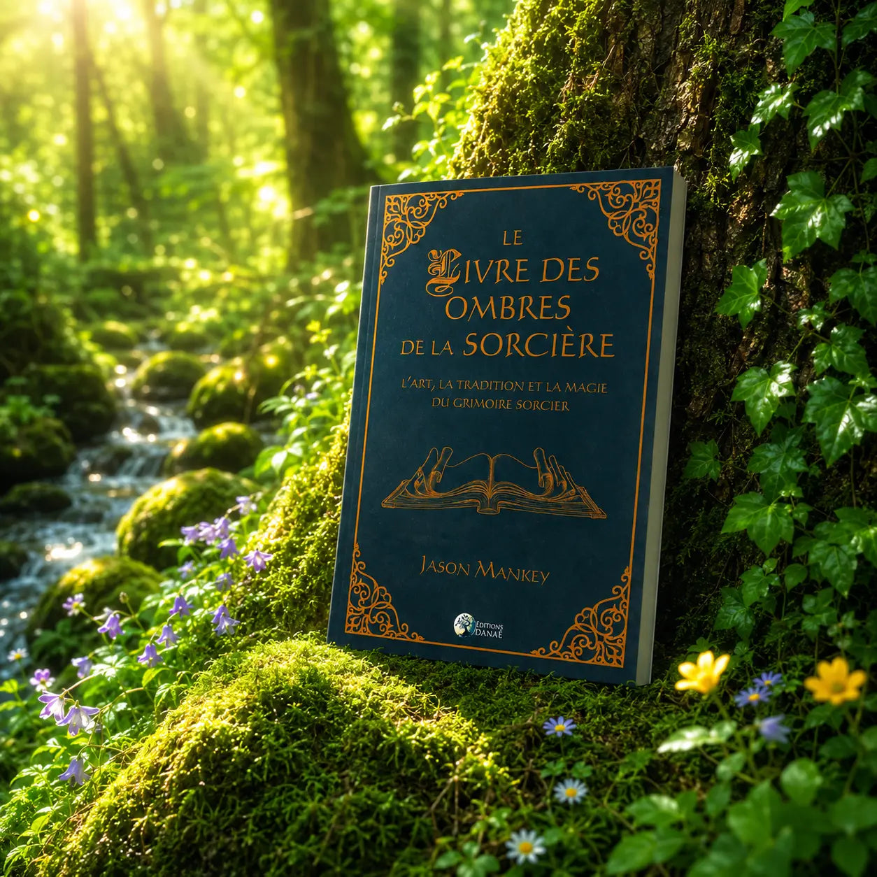 Livre Le Livre des Ombres de la Sorcière sur mousse sacrée au pied d'un arbre, entouré de fleurs violettes sous des rayons de soleil magiques.