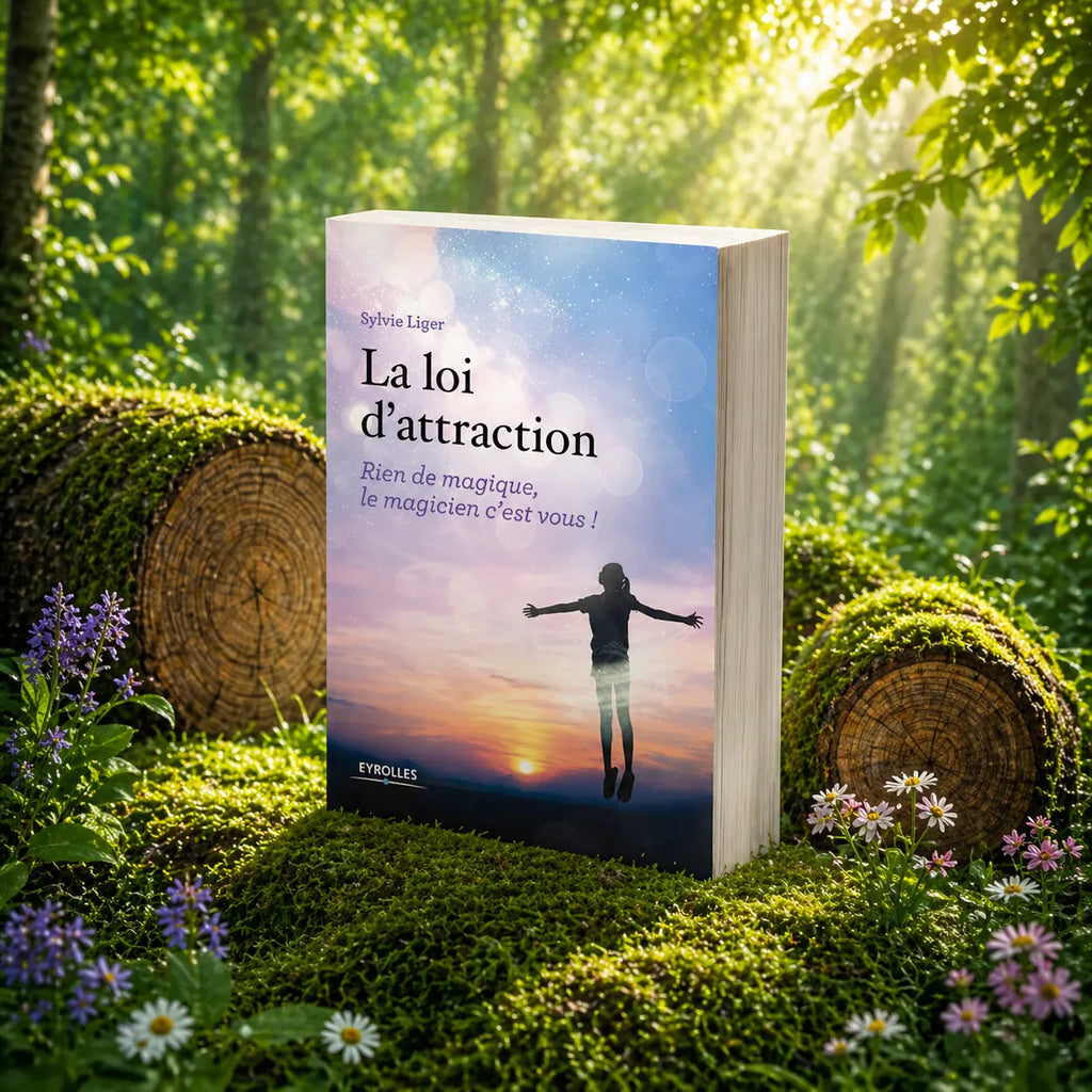 Couverture du livre La Loi d'Attraction de Sylvie Liger montrant une silhouette sautant de joie devant un coucher de soleil radieux.