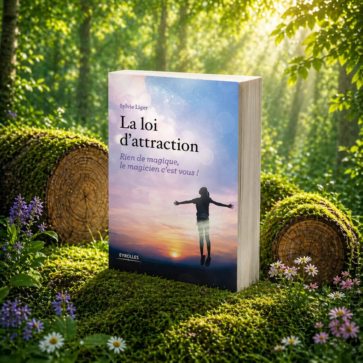 Couverture du livre La Loi d'Attraction de Sylvie Liger montrant une silhouette sautant de joie devant un coucher de soleil radieux.