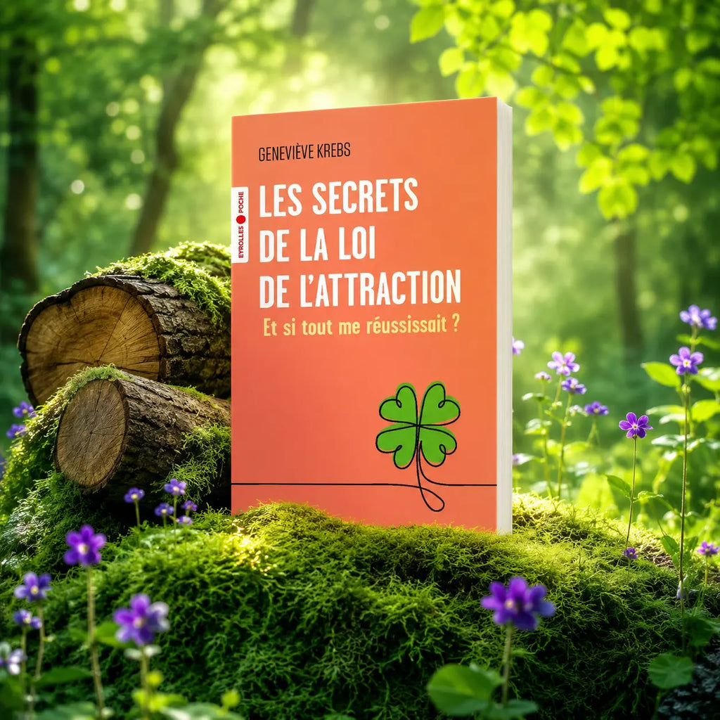 Livre Les Secrets de la Loi de l'Attraction - Geneviève Krebs sur mousse sacrée au pied d'un arbre, entouré de fleurs violettes sous des rayons de soleil magiques.
