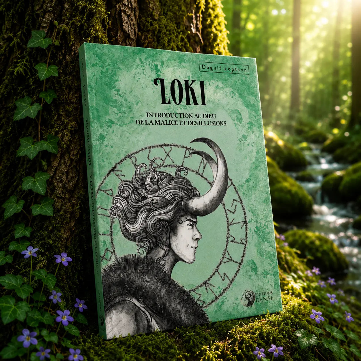 Livre Loki - Introduction au Dieu de la Malice et des Illusions - Dagulf Loptson sur mousse sacrée au pied d'un arbre, entouré de fleurs violettes sous des rayons de soleil magiques.