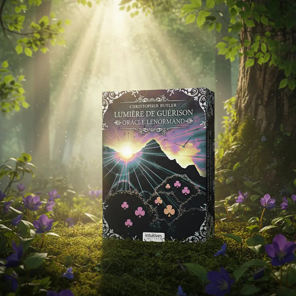 Coffret Lumière de Guérison - Oracle Lenormand de Christopher Butler posé sur une souche, illustré d'un soleil levant illuminant des montagnes sombres avec des symboles de cartes à jouer.