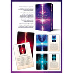 Lumières Intérieures de Mario Duguay, présentant un aperçu du coffret ouvert et de plusieurs cartes illustrées de faisceaux lumineux colorés (rouge, bleu, turquoise) accompagnées de leurs affirmations positives.
