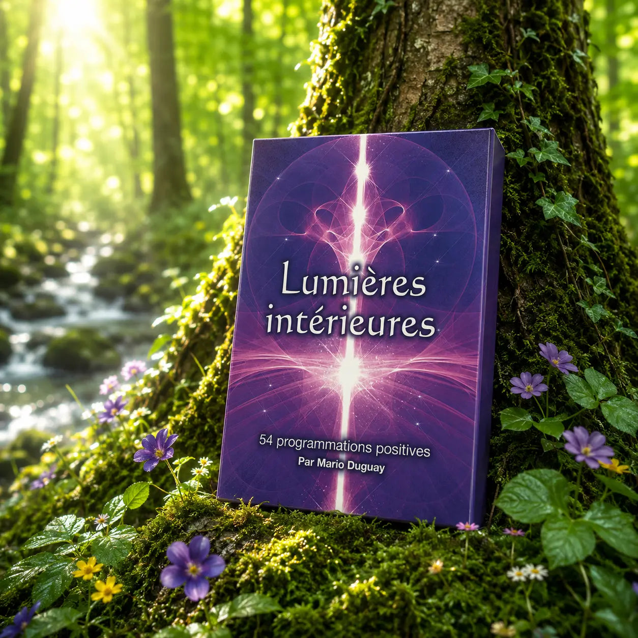 Coffret Lumières Intérieures - Mario Duguay sur mousse sacrée au pied d'un arbre, entouré de fleurs violettes sous des rayons de soleil magiques.