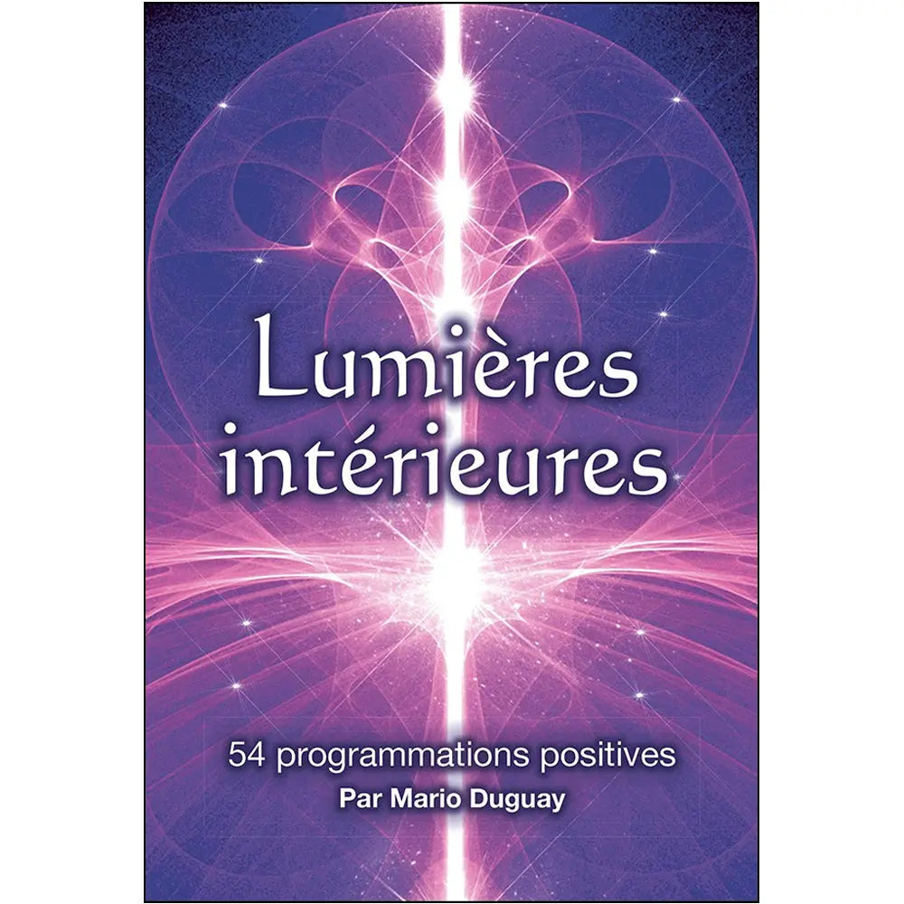 Lumières Intérieures de Mario Duguay, sa couverture aux nuances violettes et pourpres traversée verticalement par un puissant faisceau de lumière blanche et rayonnante aux formes géométriques abstraites.