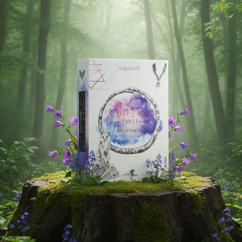 Coffret blanc Lumina Tarot de Lauren Aletta posé sur une souche, illustré d'un renard, de fleurs sauvages et d'un ouroboros (serpent qui se mord la queue) sur fond d'aquarelle violette et de géométrie sacrée.