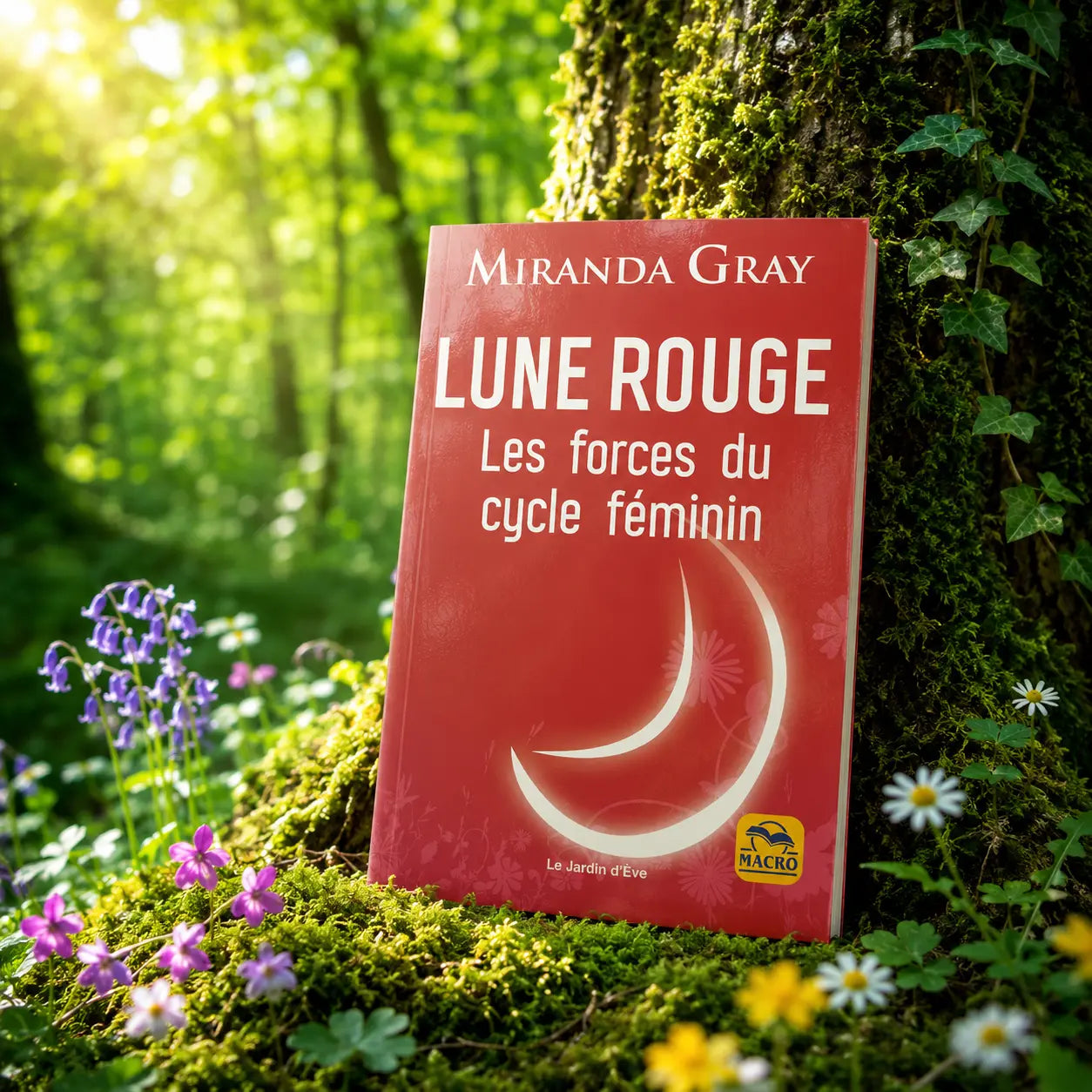 Livre Lune Rouge - Miranda Gray sur mousse sacrée au pied d'un arbre, entouré de fleurs violettes sous des rayons de soleil magiques.