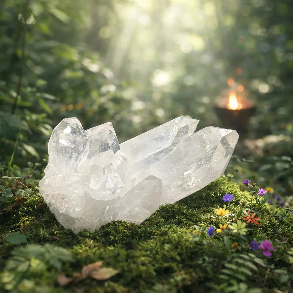 Macle de cristal de roche naturelle aux facettes brillantes et translucides, posée sur un socle de mousse verte parsemé de fleurs séchées sous une lumière mystique.