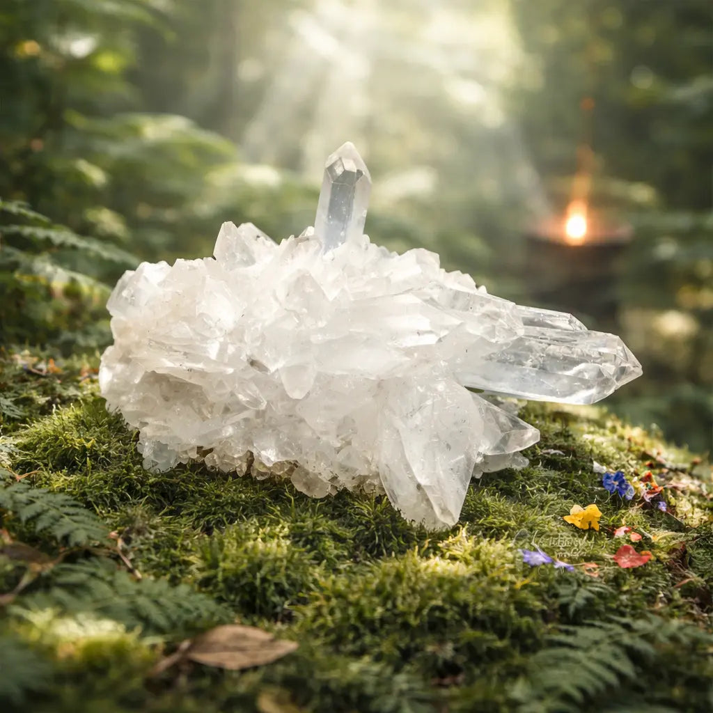 Cristal de roche brut en formation de macle complexe avec de nombreuses pointes naturelles translucides, posé sur de la mousse forestière fleurie.