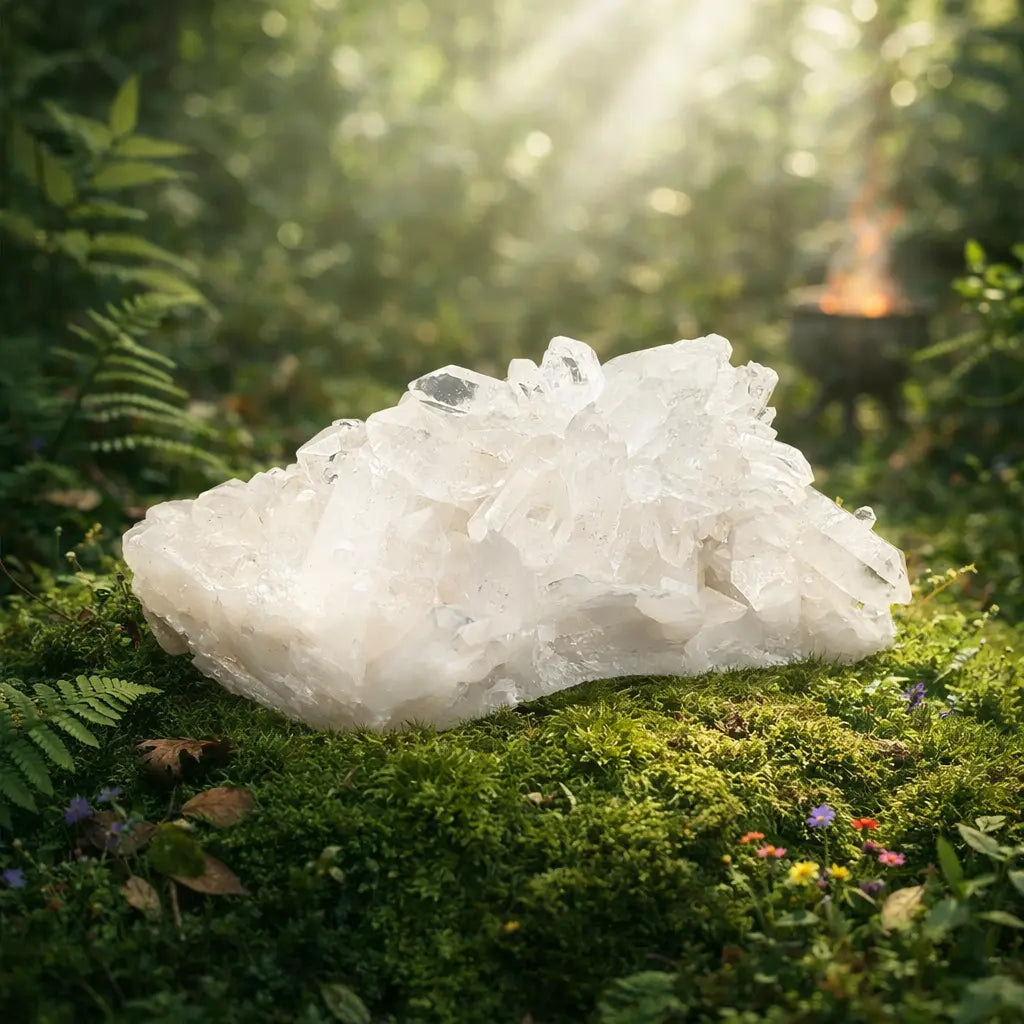 Macle de cristal de roche naturelle de 268g aux facettes translucides et lumineuses, posée sur un lit de mousse forestière sous une lumière mystique.