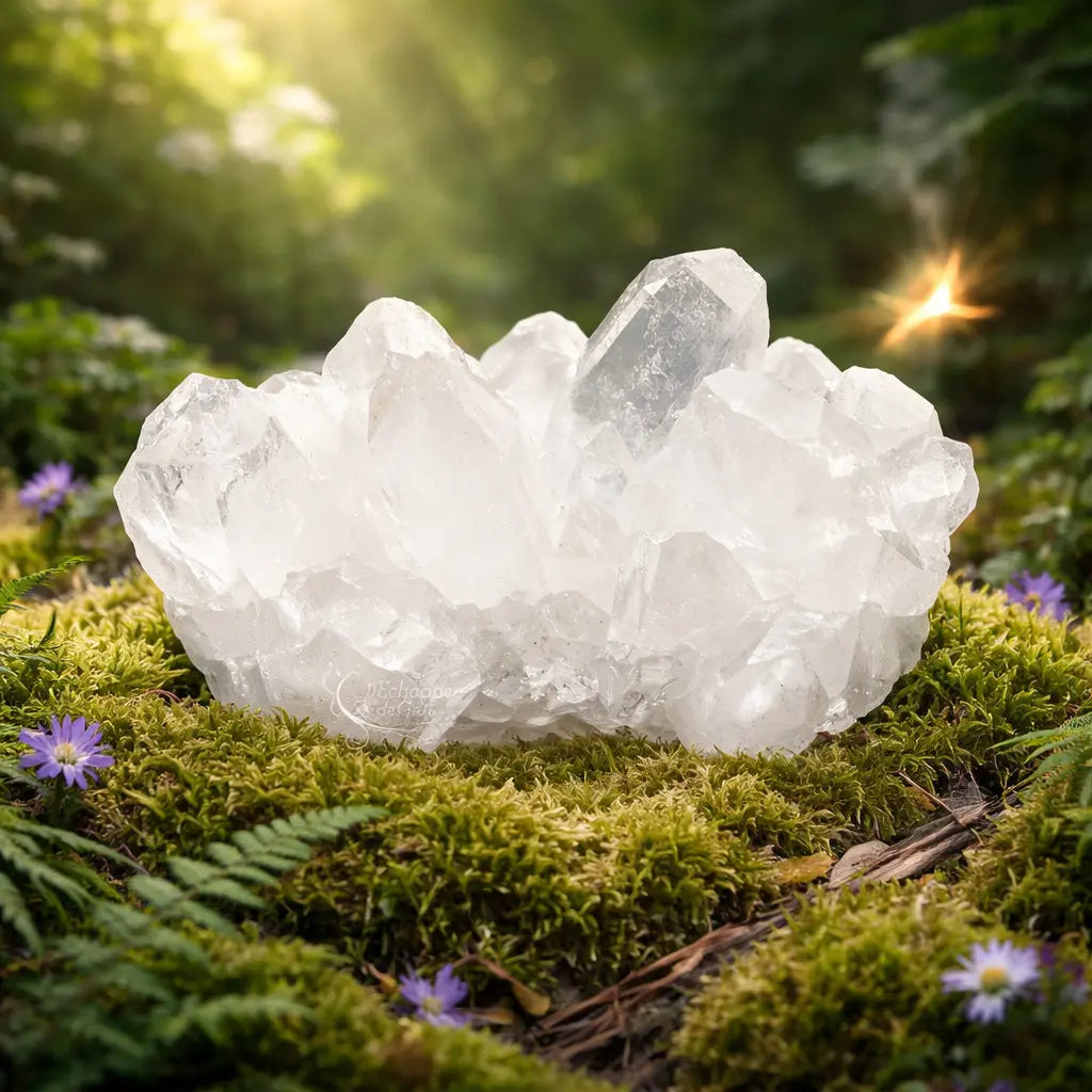 Imposante macle de cristal de roche naturelle de 325g avec de grandes pointes translucides, posée sur de la mousse et des fleurs des bois sous un halo de lumière.