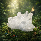 Grande macle de cristal de roche naturelle de 545g aux multiples pointes éclatantes et translucides, mise en scène sur de la mousse verte avec des petites fleurs colorées.