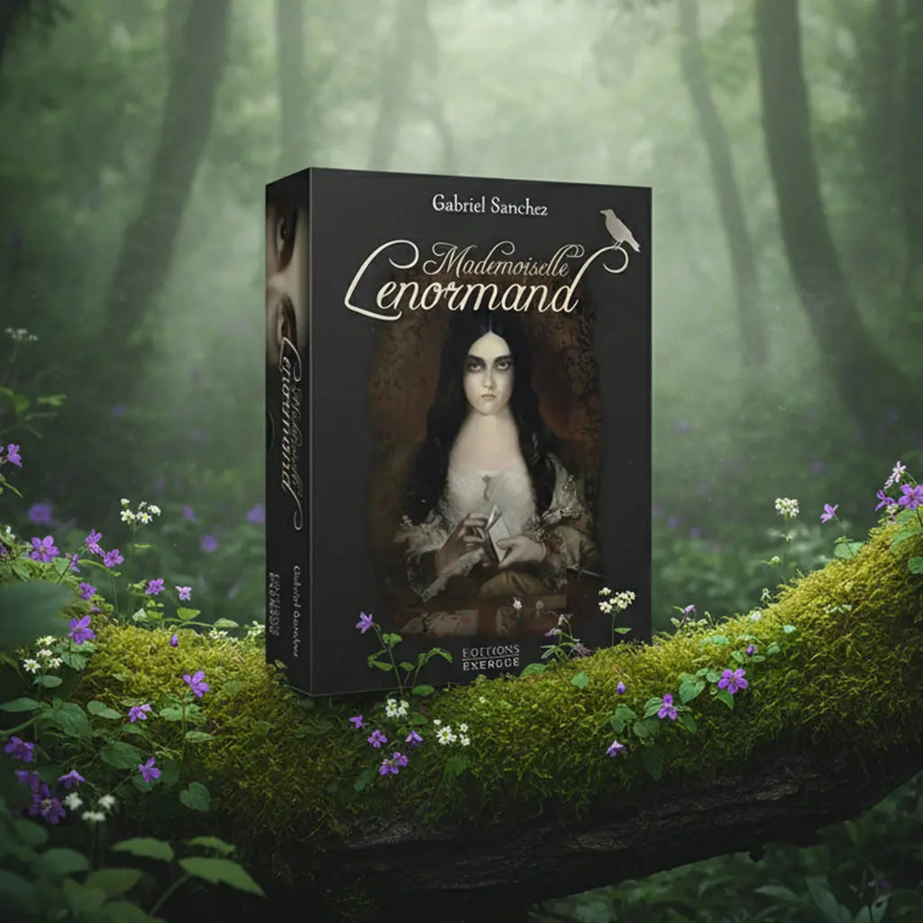 Coffret noir Mademoiselle Lenormand de Gabriel Sanchez posé sur une souche, illustré d'une femme au teint pâle et aux cheveux noirs accompagnée d'un corbeau dans un style gothique romantique.