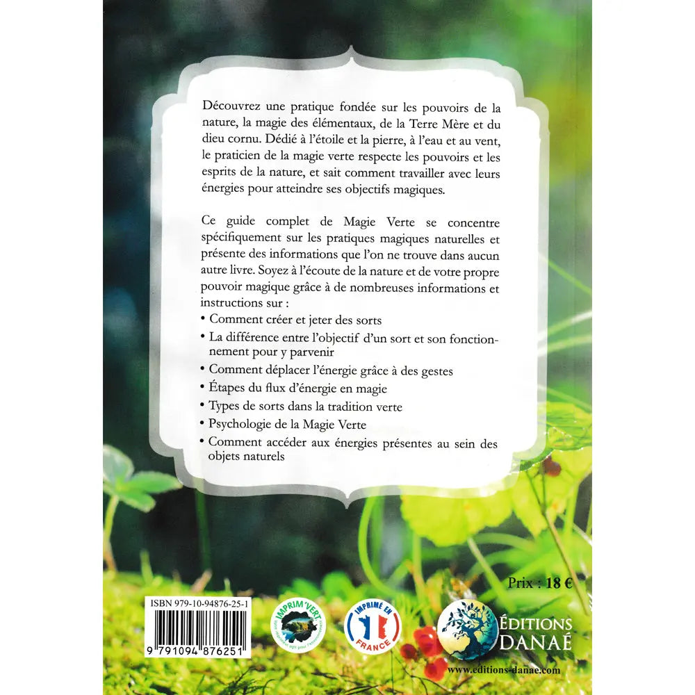 Dos du livre Magie verte : Connexion sacrée à la nature avec résumé sur fond forestier.