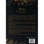 Dos du livre Magie d'attraction, de charme & de charisme présenté sur un fond noir avec de discrets motifs floraux. Le texte propose des prières et rituels pour augmenter son taux vibratoire, gagner en assurance et agir comme un aimant pour attirer à soi la réussite, l'amour ou la chance.