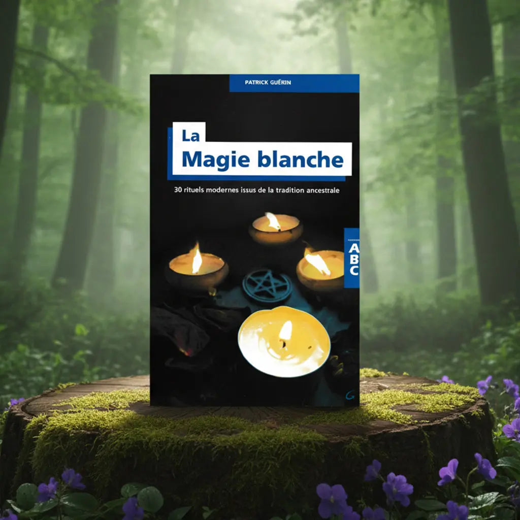 Livre noir La Magie blanche - ABC de Patrick Guérin posé sur une souche, illustré de quatre bougies allumées autour d'un pentacle.