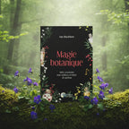 Livre noir fleuri Magie Botanique d'Amy Blackthorn posé sur une souche, illustré de fioles de potions et d'herbes colorées.